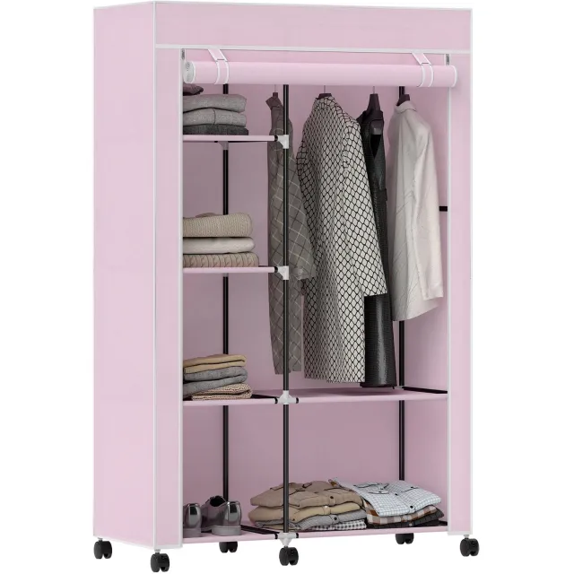 Lunpog Kledingkast met 6 zwenkwielen- Kledingkasten Slaapkamer - Garderobekast - Stof met Metaal - Roze Rozegekleurd