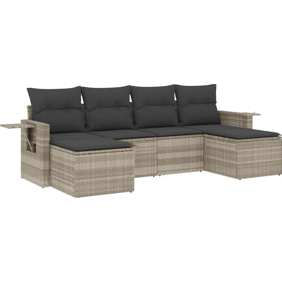 vidaXL 6-delige Loungeset met kussens poly rattan lichtgrijs grijs, foto 3