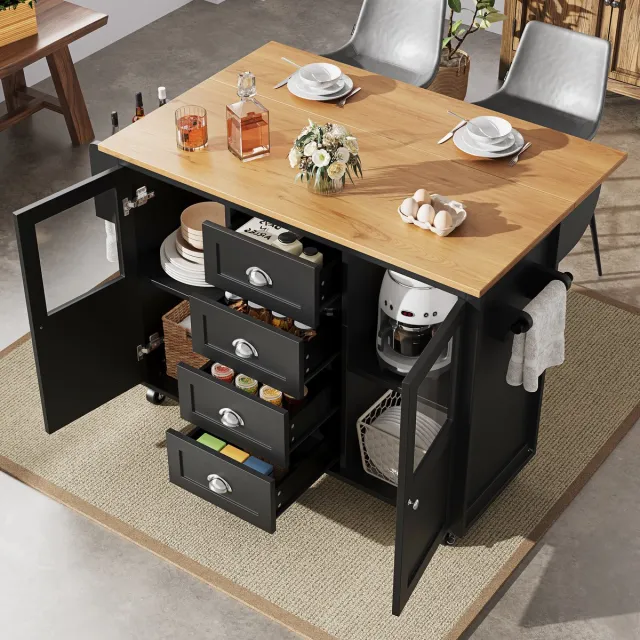 MIVRAY Keukeneiland - Uitschuifbare Keukenkast Met Wielen En Opklapblad - Voor Keuken En Eethoek - Zwart MDF En Metaal