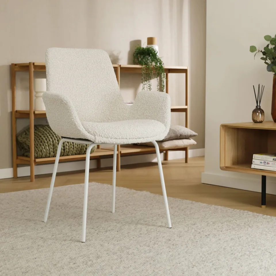 Nolon Nora-Eef eetkamerstoel bouclé beige - wit onderstel, foto 2