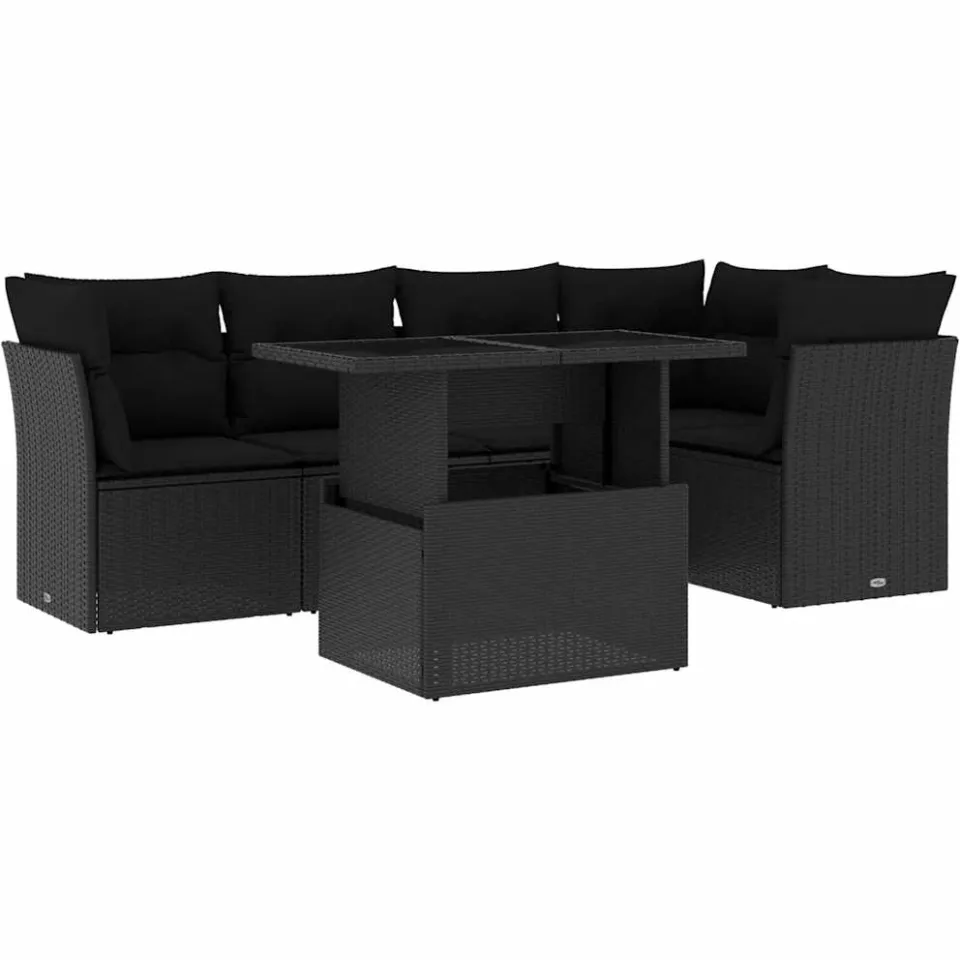 vidaXL 6-delige Loungeset met kussens poly rattan zwart