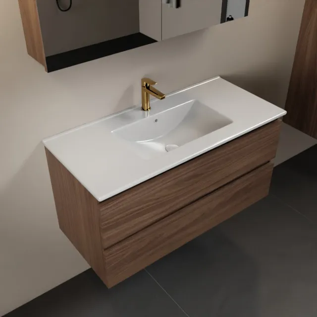 Mondiaz AIVY 100cm badmeubel Mocha, wastafel glanzend wit keramiek midden 1 kraangat met spiegelkast (M60102 - AI-M100MOMI - AI-C100MOMI)