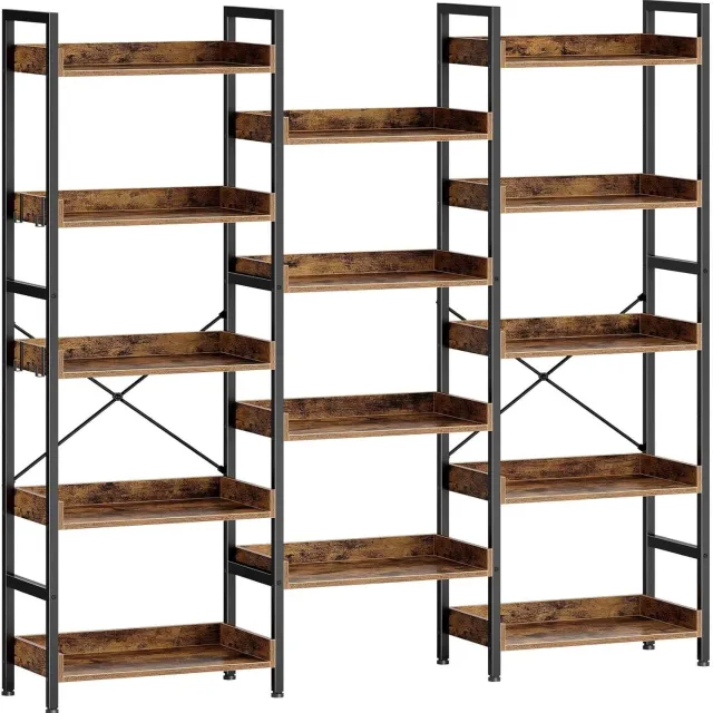 Danky Boekenkast Industrieel - 14 Open Vakken met 4 Haken - Flexibele 2-in-1 Montage - Stevig Metaal en Houtlook bruin