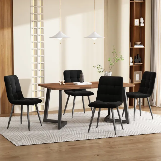Vovtenza eetkamerset set van 5 - 117x68cm eettafel met 4 stoelen - Walnootkleurig MDF - zwarte metalen poten - 46x44x86cm zwart Fluwelen eetkamerstoel Okkernoot+zwart