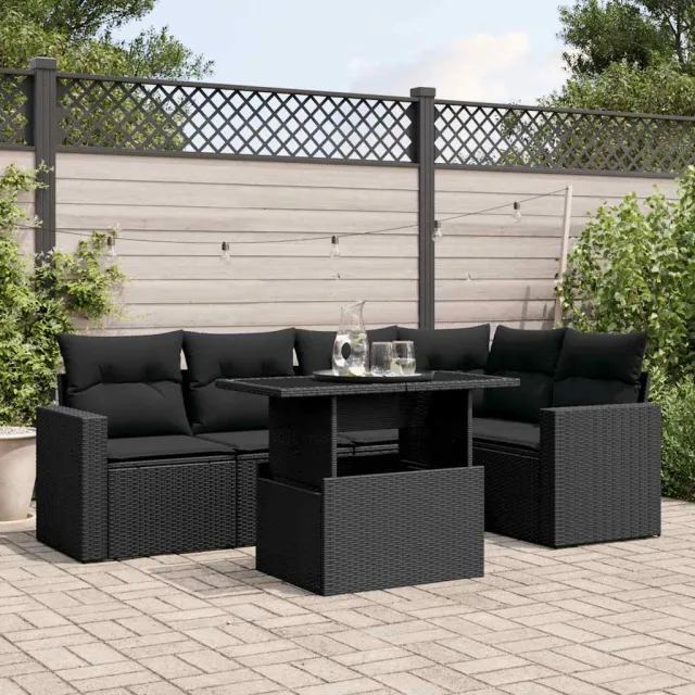 vidaXL 6-delige Loungeset met kussens poly rattan zwart, foto 2