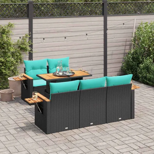 vidaXL 6-delige Loungeset met kussens poly rattan zwart, foto 2