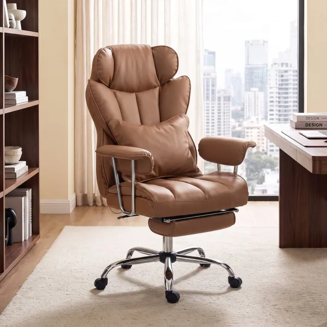 MUVANO Massagebureaustoel - Verwarmde bureaustoel - Ergonomische bureaustoel met voetensteun - 57 x 52 cm - 360° draaibaar - Kantoor en thuiswerk bruin