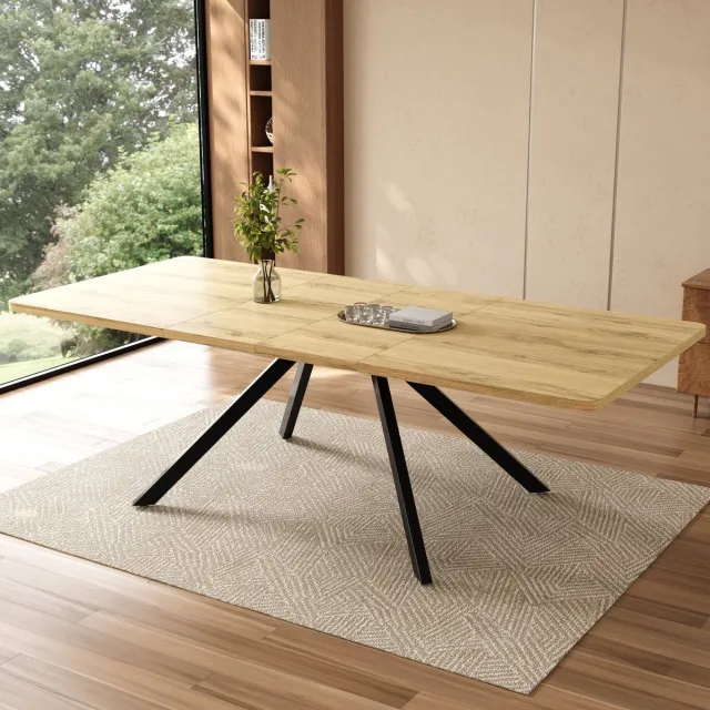 OKWISH Uitschuifbare Eettafel - Drie Lengtes 160 200 240 x 90 cm - Voor 6 Tot 10 Personen - MDF Eikenkleur - Metalen Poten