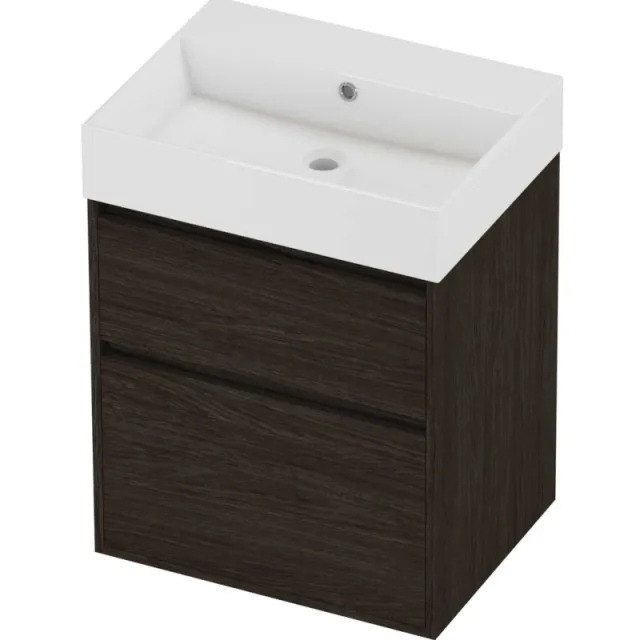 Proline Zara Badmeubelset Porselein Loft Zonder Kraangat Greeploos 60x46x78 cm Glans Wit Mokka Oak Eiken