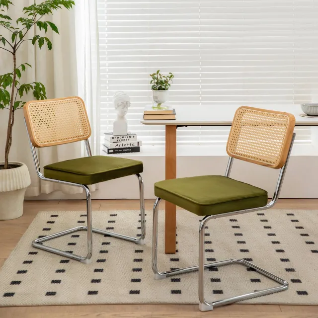 MODENUIT Eetkamerstoel - Set Van 2 - Stapelbaar Met Rotan Rugleuning - Voor Eetkamer En Keuken - Chroom Groen