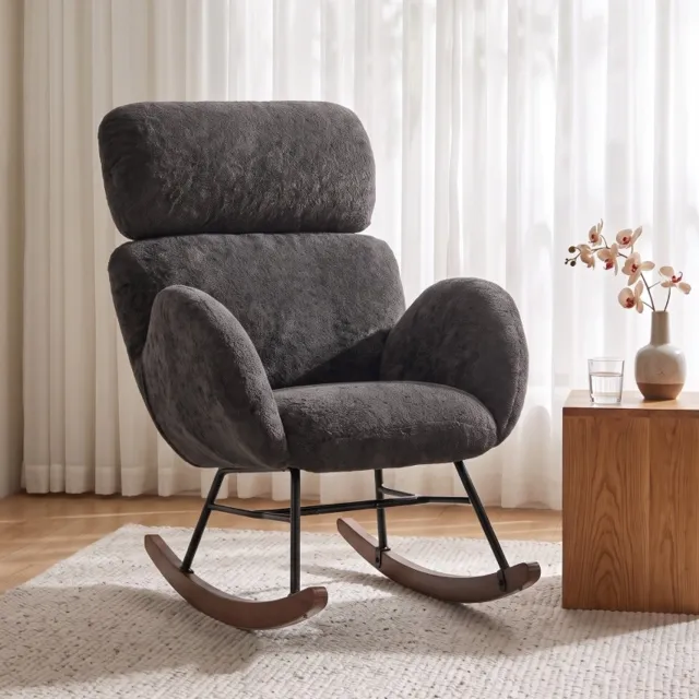 HAUSS SPOLE Schommelstoel - Fauteuil met Verstelbare Hoofdsteun en Armleuningen - Voor Woonkamer en Leeshoek - Fluweel en Hout - Donkergrijs