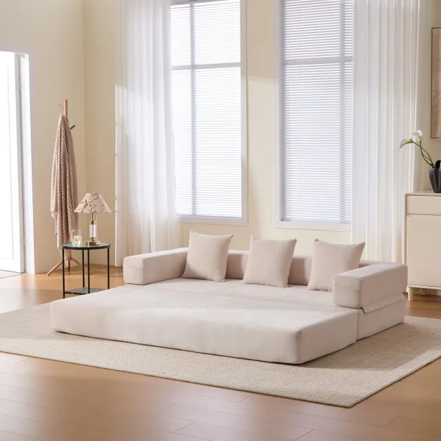 DESMIU Slaapbank 198 Cm - Modulaire 2-Zits Bank Met Opbergvakken En Antislip Onderzijde - Voor Woonkamer En Speelhoek - Chenille Beige