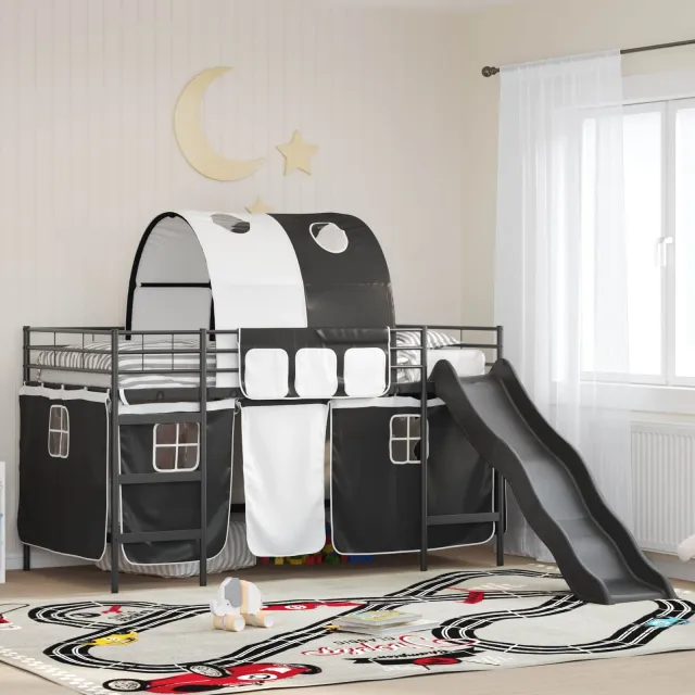 vidaXL Bunkbed voor kinderen met gordijnen Zwart 90 x 200 cm Metaal