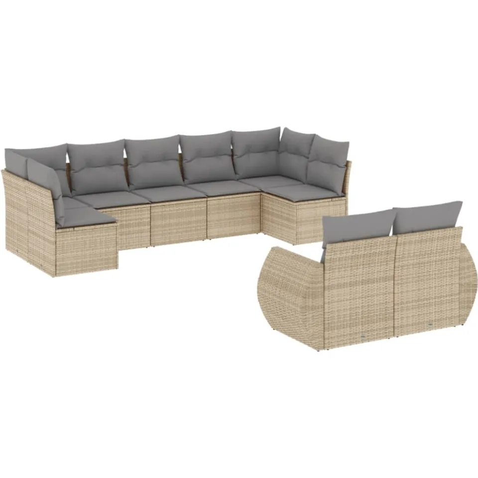 vidaXL 9-delige Loungeset met kussens poly rattan beige, foto 3