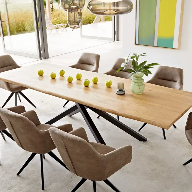 DELIFE Eetkamertafel Edge eiken natuur 260x100x2,5-3 kruisframe rechthoek zwart Live-Edge Bruin