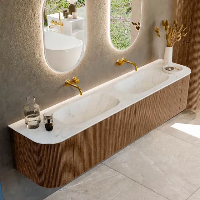 Mondiaz KURVE-DLUX 200 cm Onderkast Greeploos 2 Lades Met Deuren Walnut, Wastafel Solid Surface Dubbel Opalo 0 Kraangaten Zonder Spiegel (KRVSTS200L+R2L2D0KD-Wal/Opa)