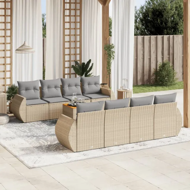 vidaXL 9-delige Loungeset met kussens poly rattan beige, foto 2