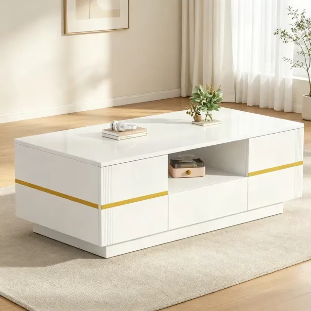DantefHandels Salontafel, moderner salontafel met LED‑Beleuchtung, bijzettafel, salontafel, woonkamertafel,tot 30 kg Belastbarkeit, wit+ goldenen Akzenten, 100×50×35.5cm