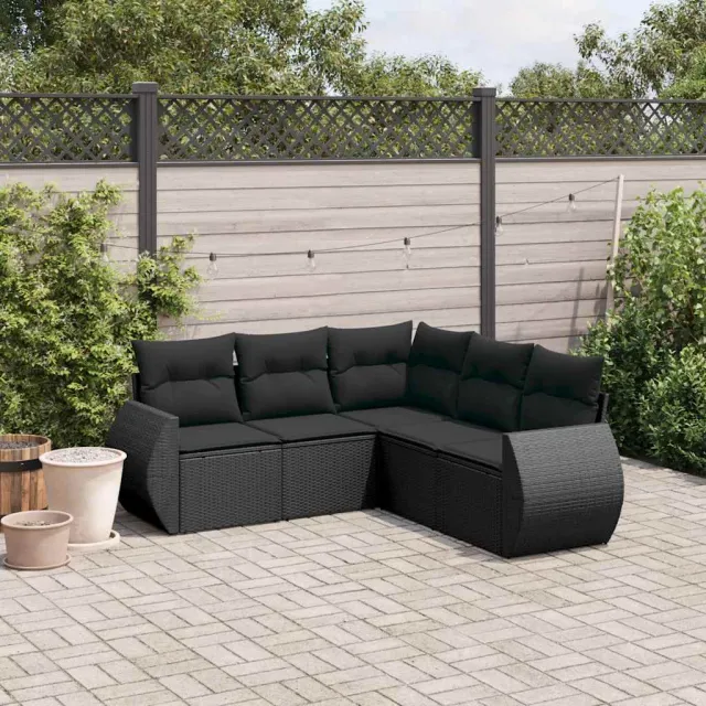 vidaXL 5-delige Loungeset met kussens poly rattan zwart, foto 2