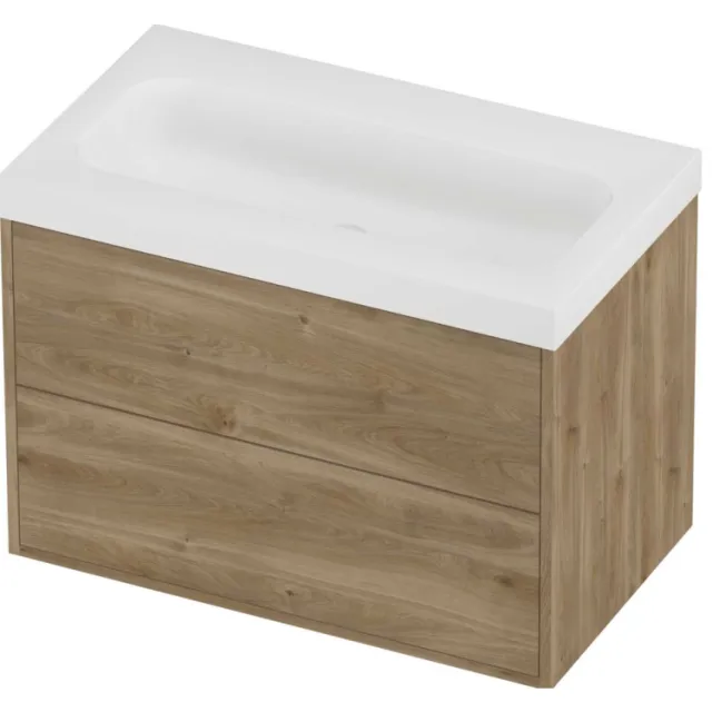 Proline Haga Badmeubelset Polystone Mezza 2 Laden 80x46x58 cm Mat White Cider Oak Eiken
