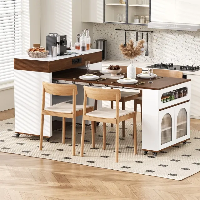 KOMHTOM Keukeneiland en Dressoir - Met Wieltjes en Geribbeld Glas - Uitschuifbare Eettafel met Stekkerdozen en Eén Lade - Te gebruiken als Keukeneiland of Dressoir - Voor Keuken en Eetkamer (Wit + Walnootkleur) Wit+Walnoot