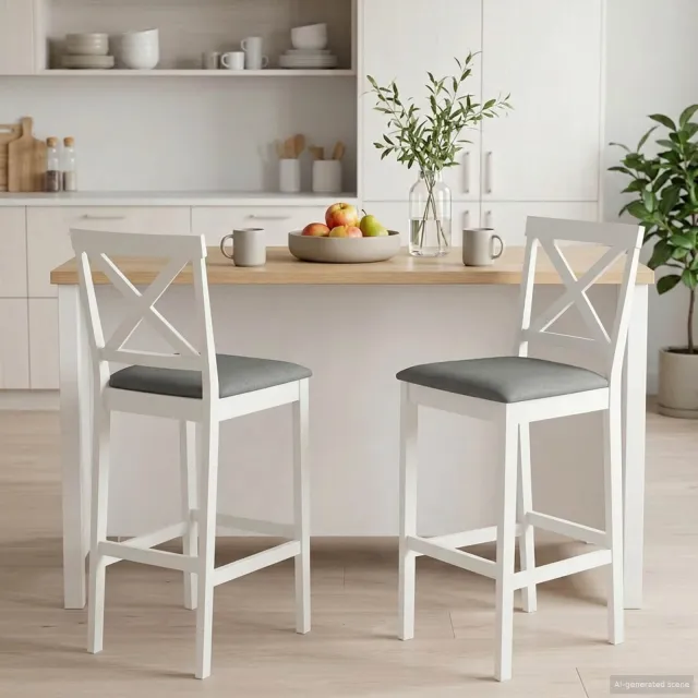 vidaXL Barkruk 2 st Wit en Grijs Massief Rubberhout en Stof, foto 2