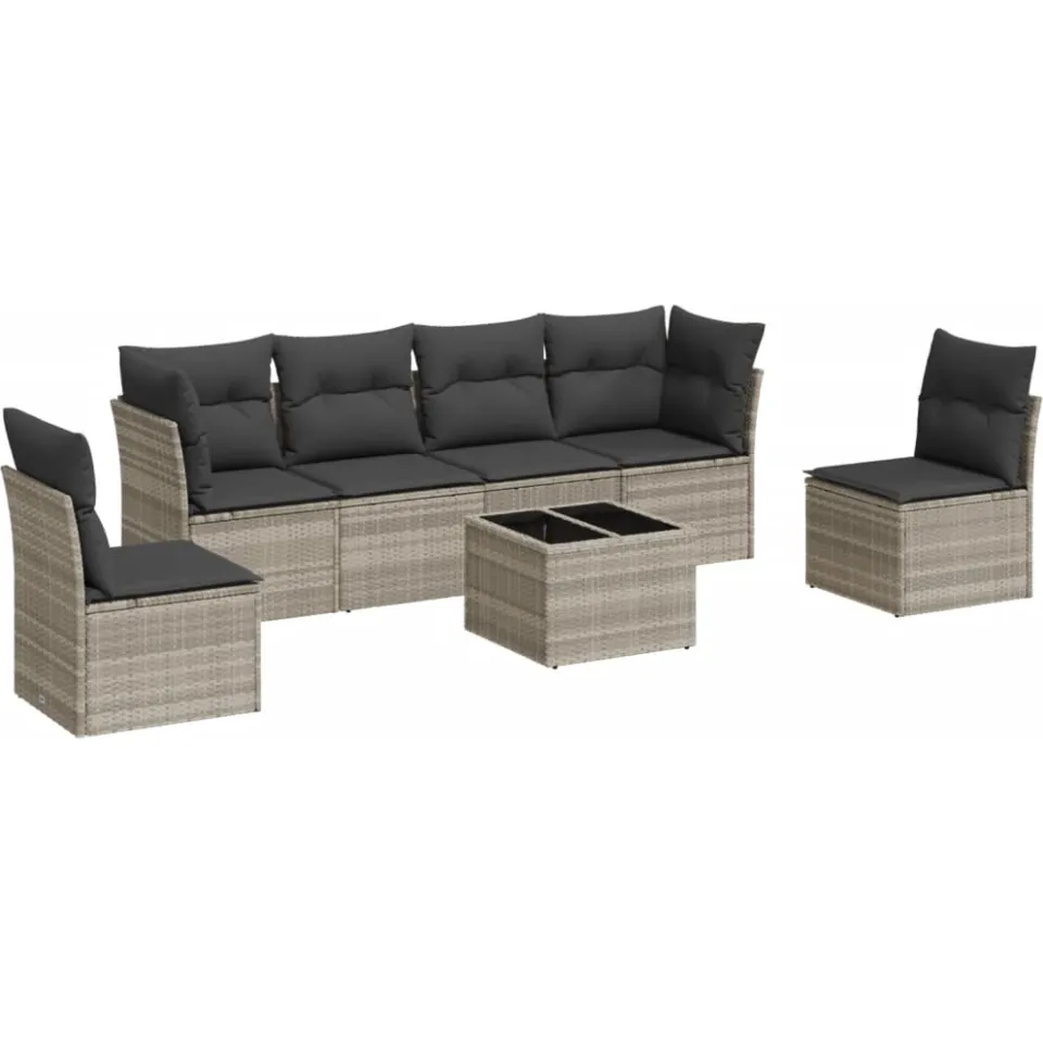 vidaXL 7-delige Loungeset met kussens poly rattan lichtgrijs