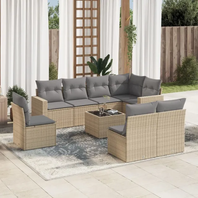 vidaXL 9-delige Loungeset met kussens poly rattan beige, foto 2