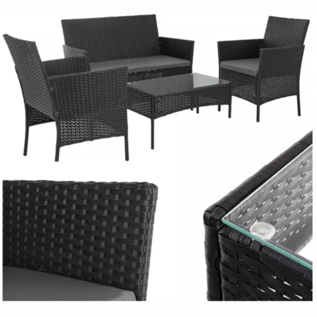Gardlov Zwarte rattan tuinmeubelset met tweezitsbank, 2 stoelen, glazen tafel en grijze kussens