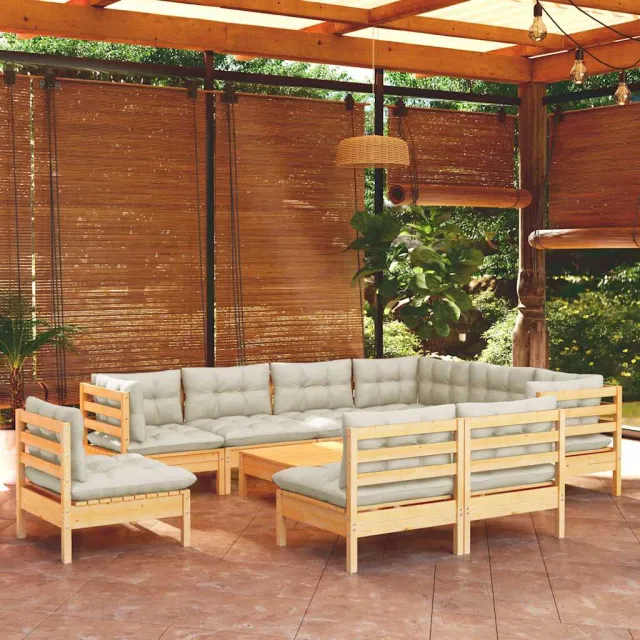 vidaXL 10-delige Loungeset met crèmekleurige kussens grenenhout, foto 2