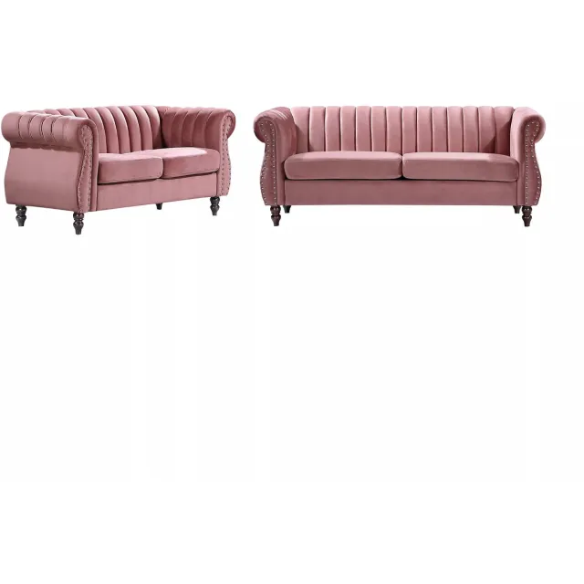 Vente-unique Tweezits- en driezits-Chesterfield-banken van oudroze velours TRUMBO Poederroze