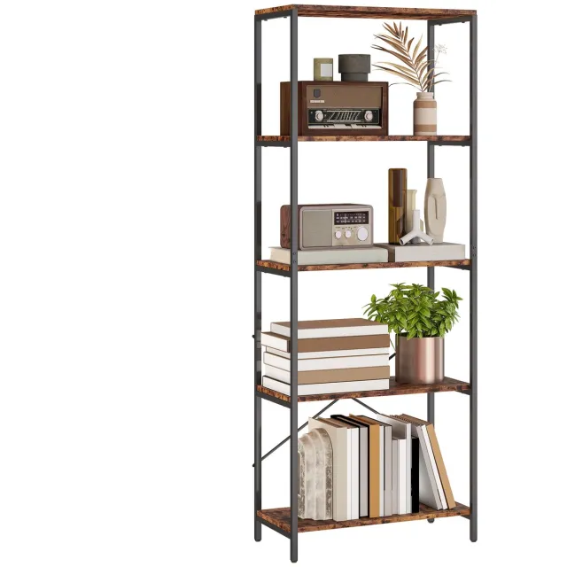 Homcom Boekenkast Industrieel met 5 Planken - Boekenplank - Opbergrek - Wandkast - Rustiek Bruin