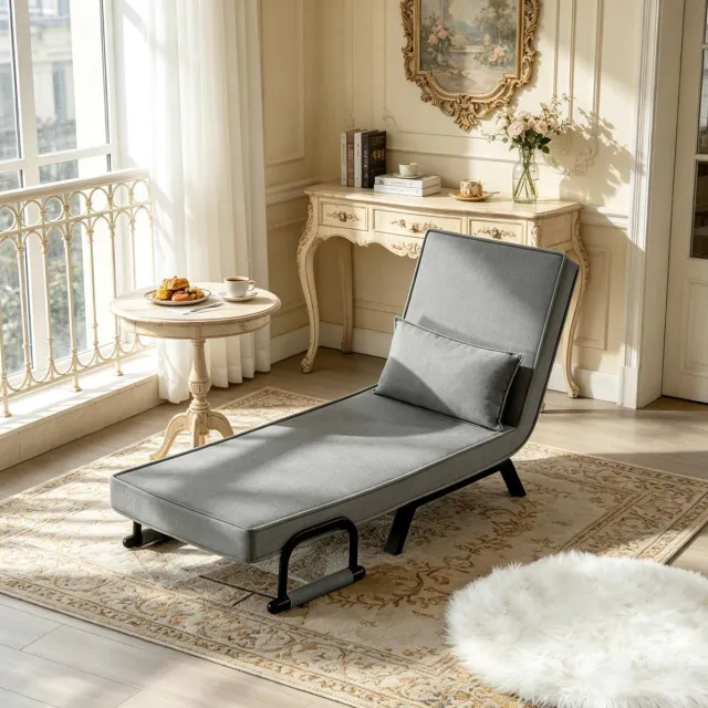 FloraGrace Fauteuil 65 X 78 X 75 Cm - 3-In-1 Opklapbaar Als Ligstoel En Eenpersoonsbed - Verstelbare Rugleuning - Linnen En Metaal - Grijs