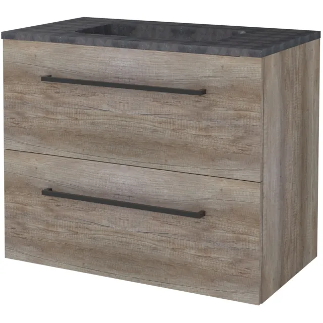 Boss & Wessing Badmeubelset BWS Salt 80x46cm Met Grepen 2 Lades Met Wastafel Hardsteen Scotch Oak Bruin