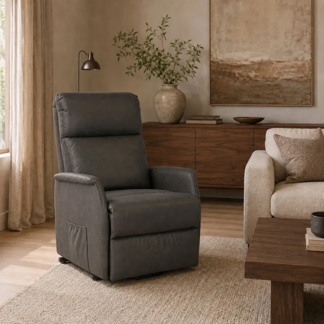The Seats Opsta Fauteuil Olivia - Micro Leder - Elektrisch Verstelbaar - Sta-op Stoel - 1 Motor - Netstroom - Antraciet
