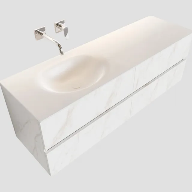 Boss & Wessing Badkamermeubel BWS Valencia Carrara Mat 150 cm Solid Surface Wastafel Links (0 kraangaten, 4 lades)