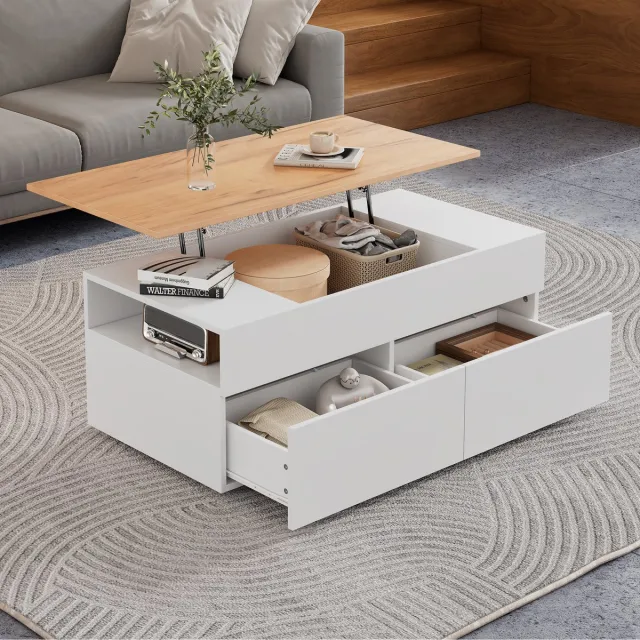 Wishdor Salontafel 100 x 50 x 40 cm van spaanplaat, verstelbaar blad met opbergruimte, 2 lades, wit/naturel