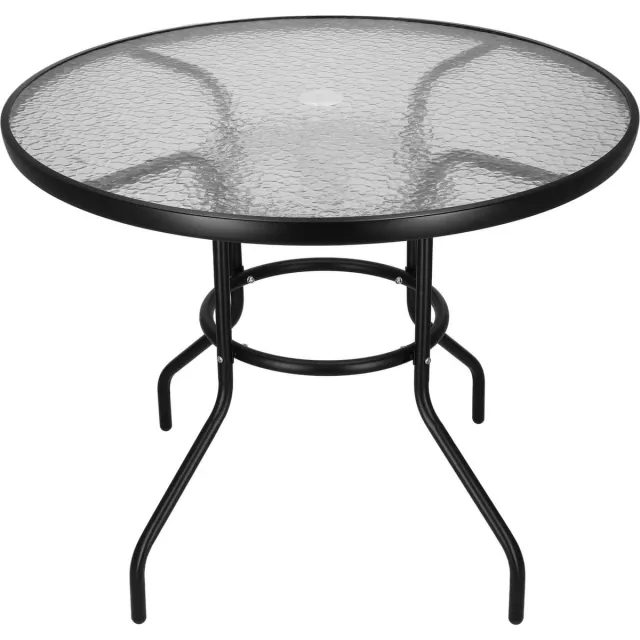 springos Tuintafel | Buitentafel | Bijzettafel Buiten | Metaal | Gehard Glas | Rond | 90 x 72 cm | Zwart