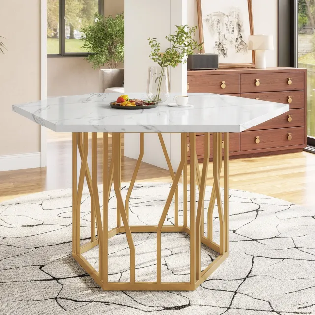 CHICFURN Eettafel - zeshoekig - vaste hoogte - metalen onderstel - goud wit