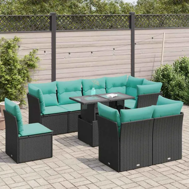 vidaXL 9-delige Loungeset met kussens poly rattan acacia zwart, foto 2