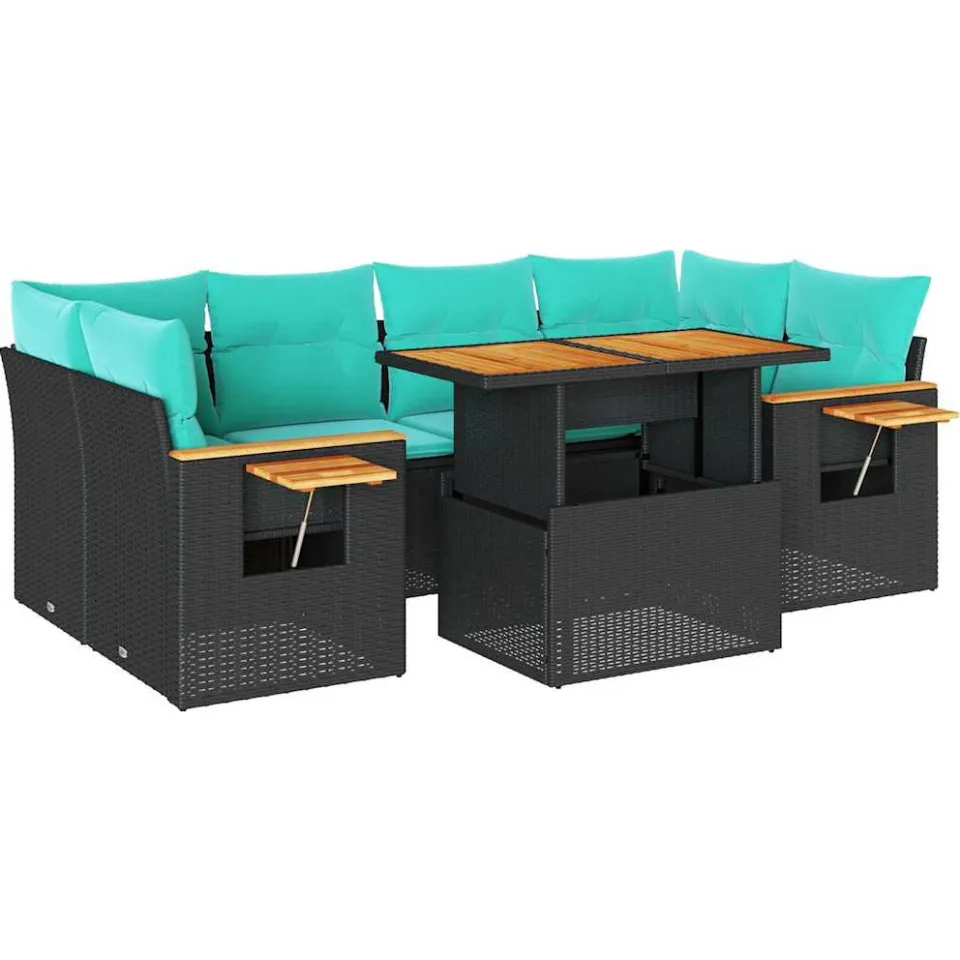 vidaXL 7-delige Loungeset met kussens poly rattan zwart, foto 3