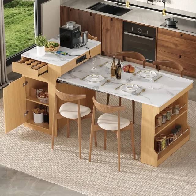 DESMIU Eettafel - Uitschuifbare Keukentafel Met Wielen En Stopcontact - Met 2 Lades En Opbergruimte - Houtkleur - 153x80x93 Cm Natural