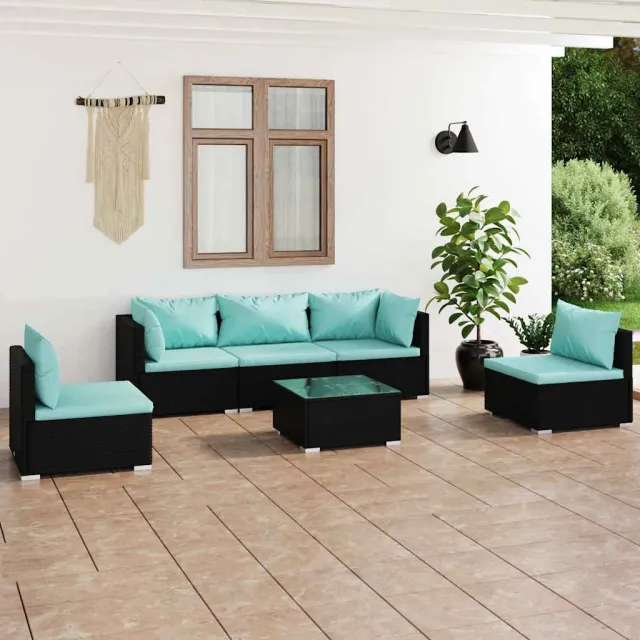 vidaXL 6-delige Loungeset met kussens poly rattan zwart, foto 2