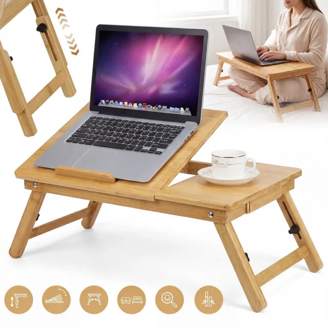 CHOOLY Houten Klaptafel Met Verstelbare Hoek En Geïntegreerde Lade - Ergonomische Kantelstand Multifunctioneel Schoottafeltje - Plat Op Te Vouwen Voor Opslag - Ideaal Voor Op De Bank, Fauteuil, Vloer En in De Auto Houtkleur