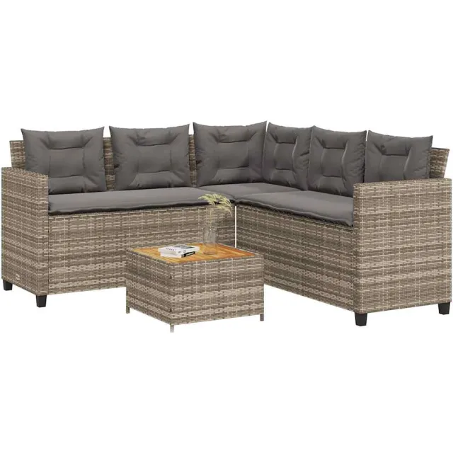 vidaXL Tuinbank met tafel en kussens L-vormig poly rattan grijs Beige