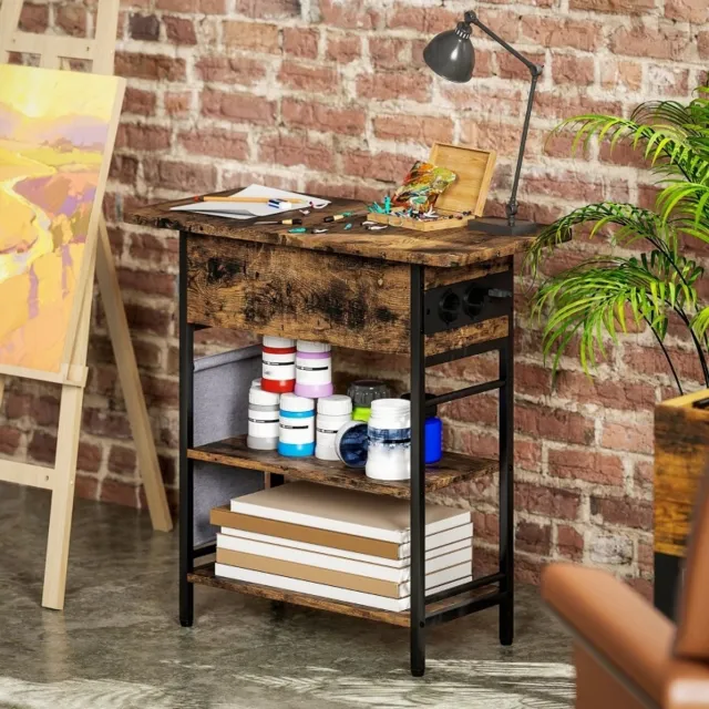 FloraGrace Bijzettafel - Met Stopcontacten, USB-C En Opbergruimte - Voor Slaapkamer En Woonkamer - Hout En Metaal - Rustiek Bruin - 60 x 29,8 x 58,5 Cm