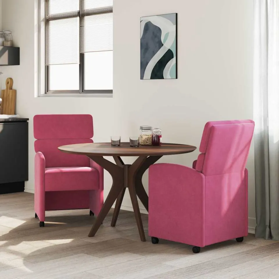 vidaXL Eetkamerstoelen met Wieltjes 2 st Fluweel Wijnrood, foto 3
