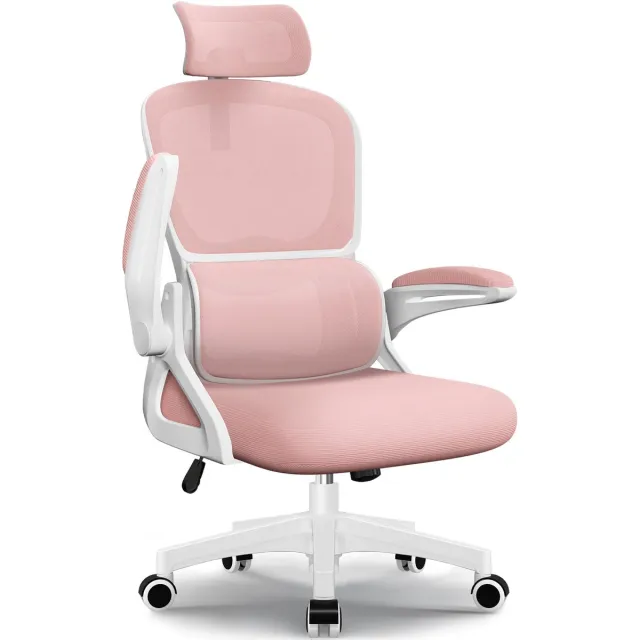 Fukstern Bureaustoel, Ergonomische Bureaustoel met Verstelbare Lendensteun en 2D Hoofdsteun – Bureaustoelen voor Volwassenen – Office Chair 135° Kantelbare Rugleuning – Belastbaar tot 150 kg – Verstelbare Armleuningen – Ademend Mesh – Roze