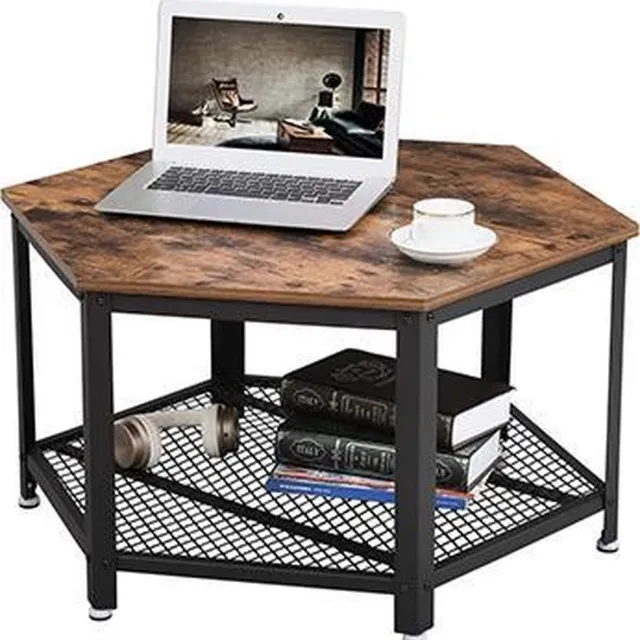 Furnihaus Salontafel - Zeshoekige Rustieke Look - Zwart Metaal - Vintage Bruin Bruin,Zwart