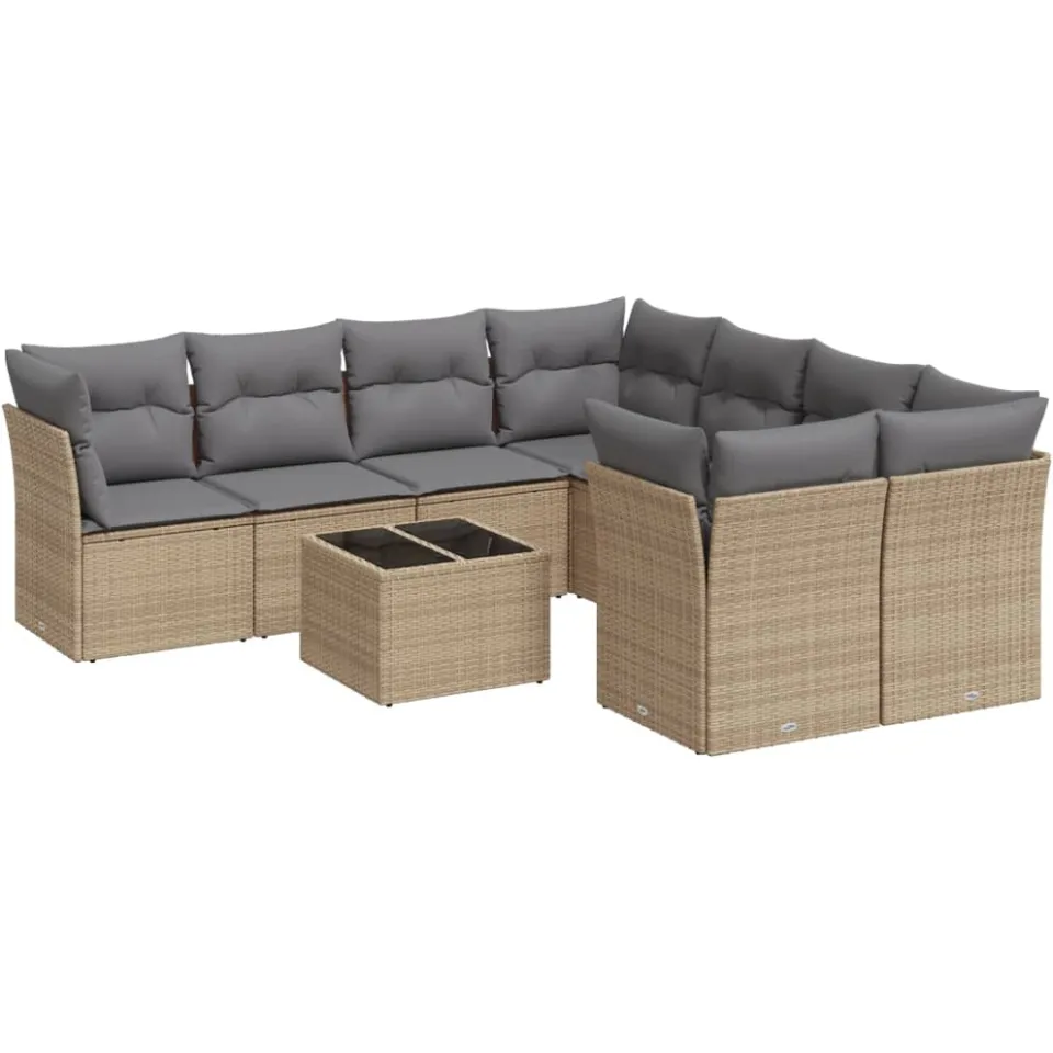 vidaXL 9-delige Loungeset met kussens poly rattan beige
